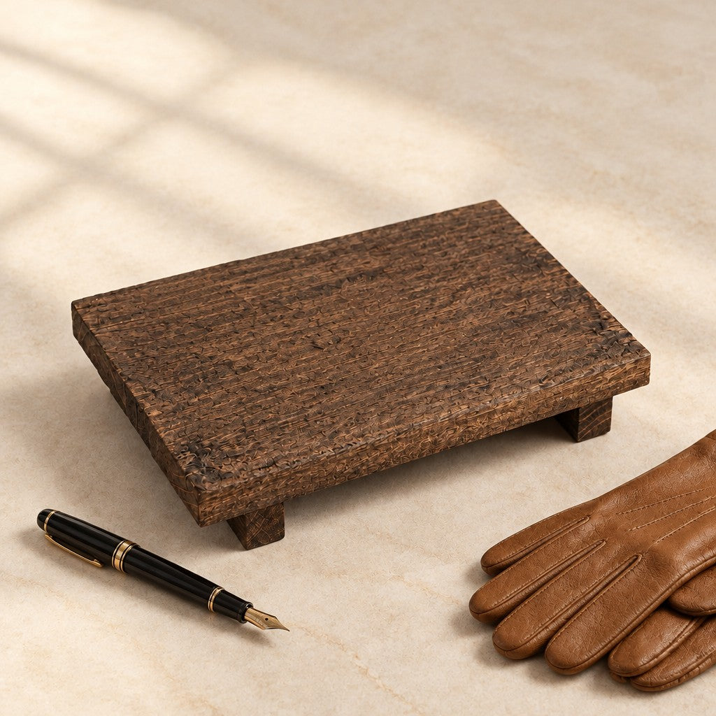 Empty rustic wooden riser beside a fountain pen and leather gloves