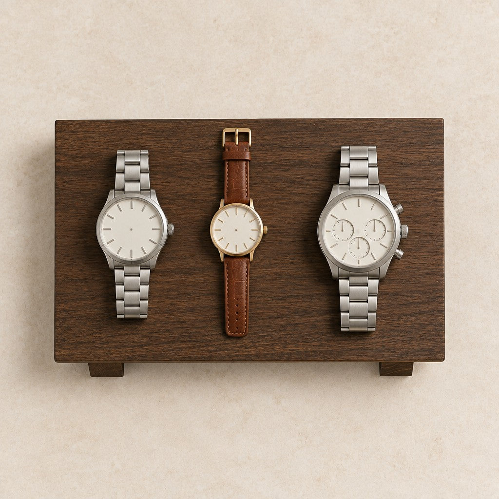 Top view of the wooden riser with a 36 mm, a 42 mm and a 45 mm watch