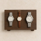 Top view of the wooden riser with a 36 mm, a 42 mm and a 45 mm watch