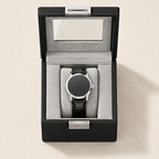 Top view of the Single Watch Box with Glass Window open, with a 40 mm watch on the pillow