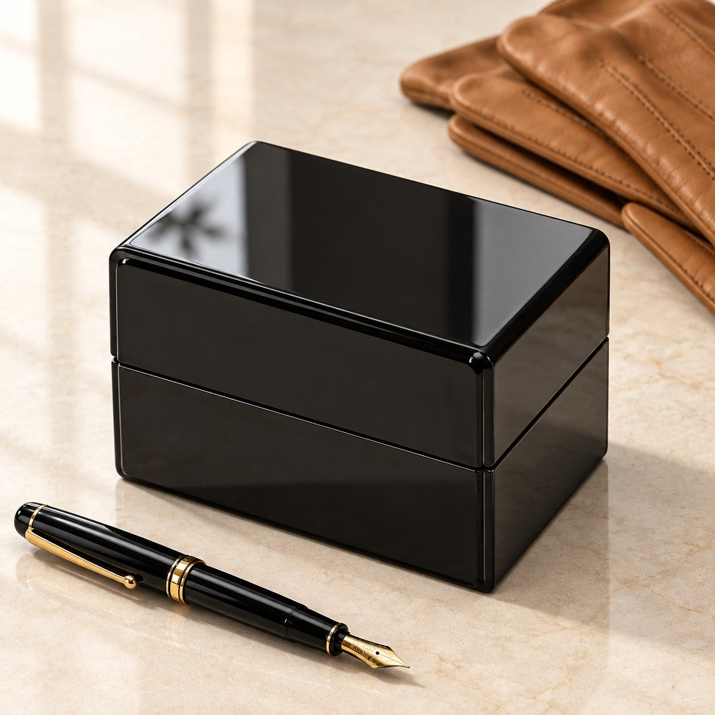 Glossy black single watch box closed, beside a fountain pen and leather gloves