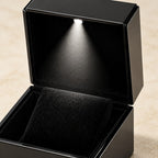 Close-up of the LED light in the lid and the glossy black finish