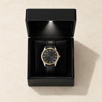 Top view of the Single Watch Box with LED Light open, with a 40 mm watch on the pillow