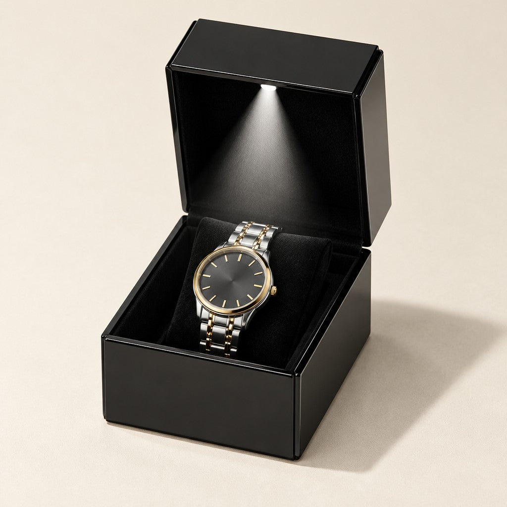 Single watch box with LED light in high-gloss black, open with a lit watch