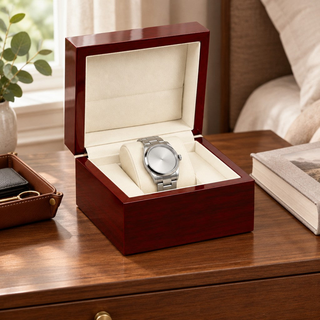 Single Watch Box in Red Lacquered Wood on a chest of drawers, for scale