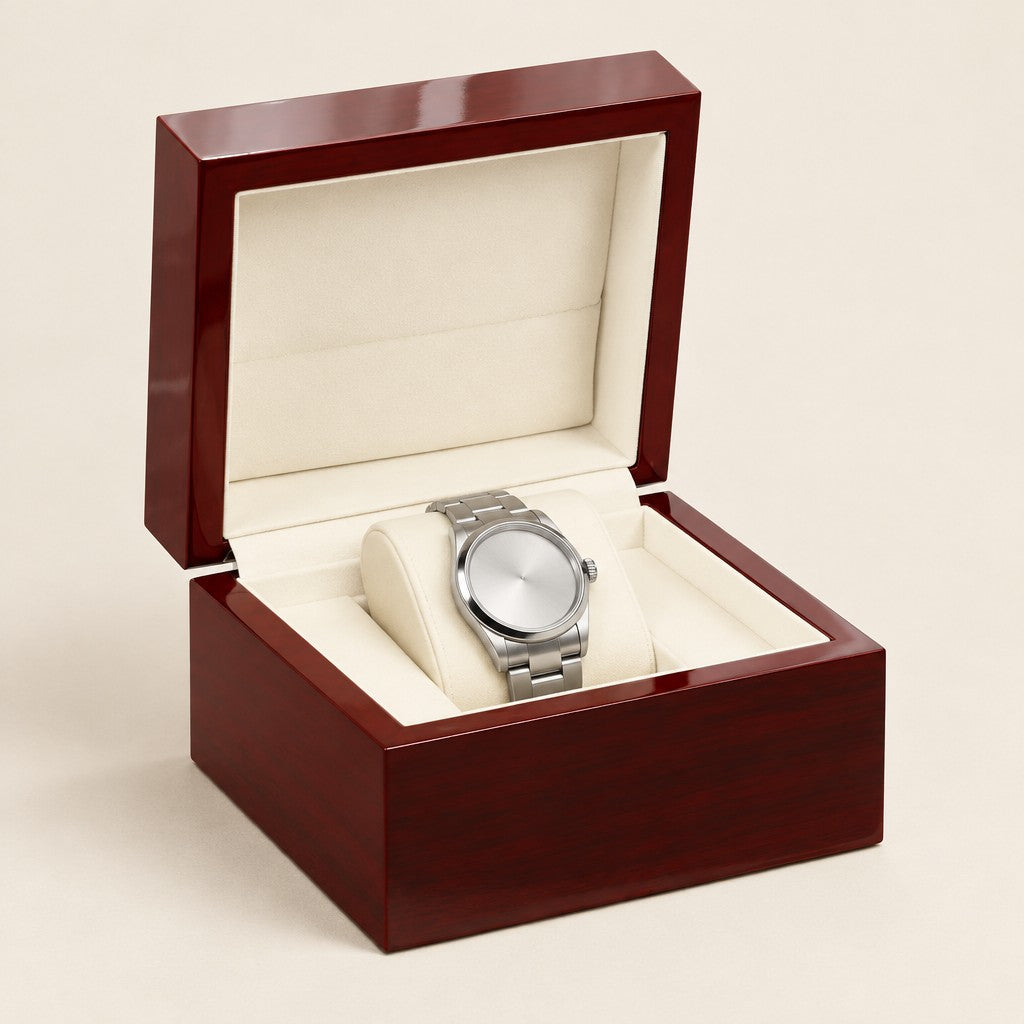 Single watch box in red lacquered wood, lid open with one watch