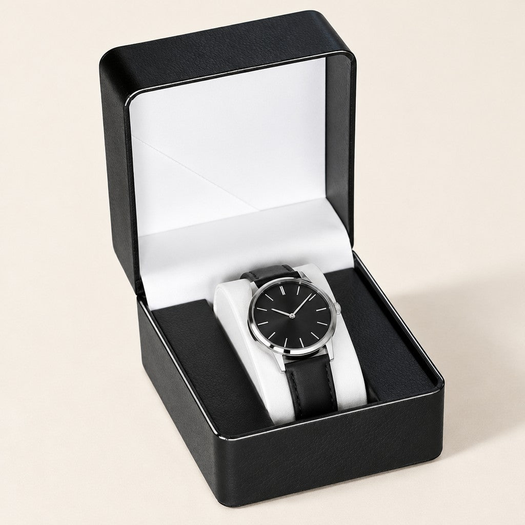 Single watch gift box in black with a white lid lining, open with one watch