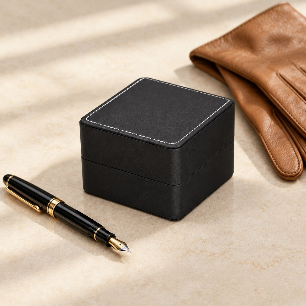Matte black single watch gift box closed, beside a fountain pen and leather gloves