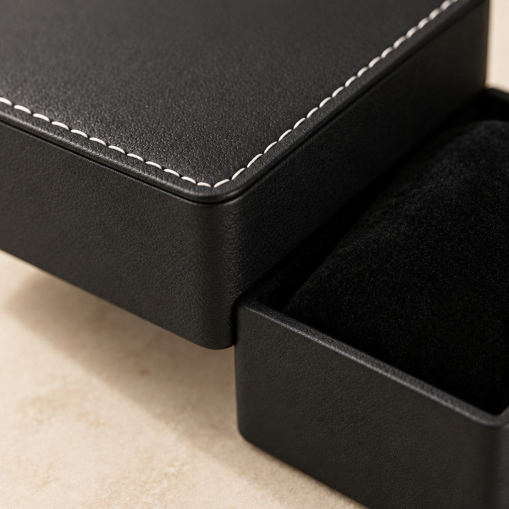 Close-up of the contrast stitching and faux leather of the gift box