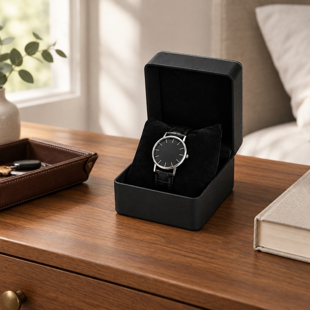 Single Watch Gift Box with Pillow on a chest of drawers, for scale