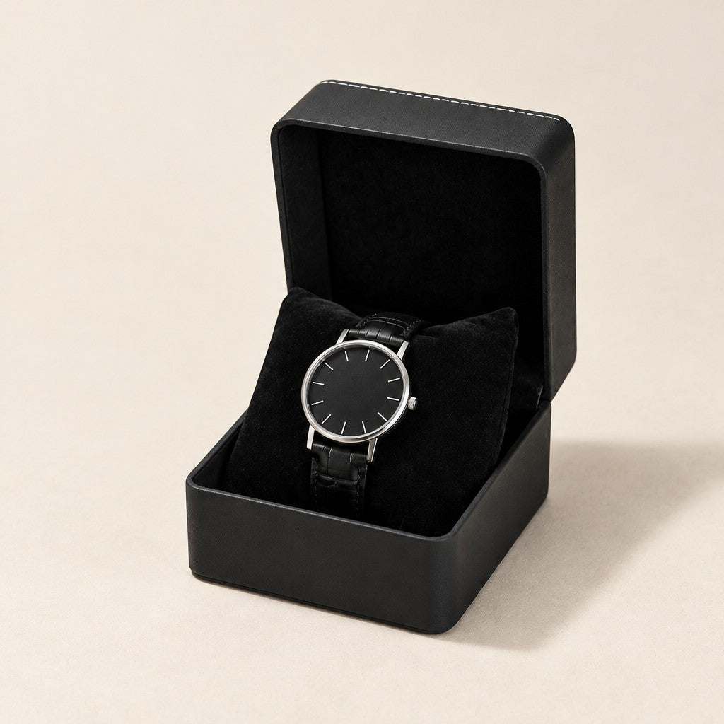 Single watch gift box in matte black faux leather with contrast stitching, open with one watch