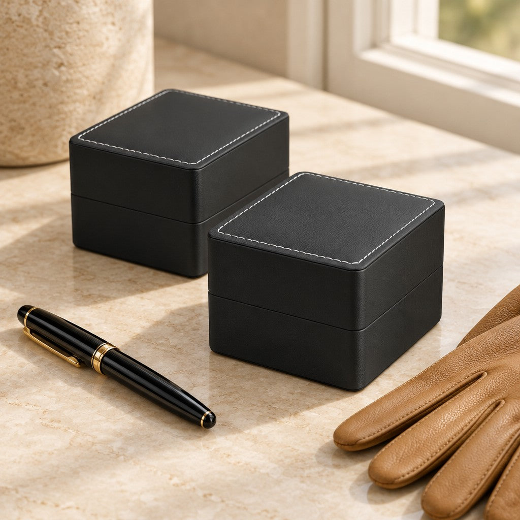 Two black single-watch gift boxes closed, beside a fountain pen and leather gloves