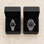 Top view of the open single-watch gift box with a watch