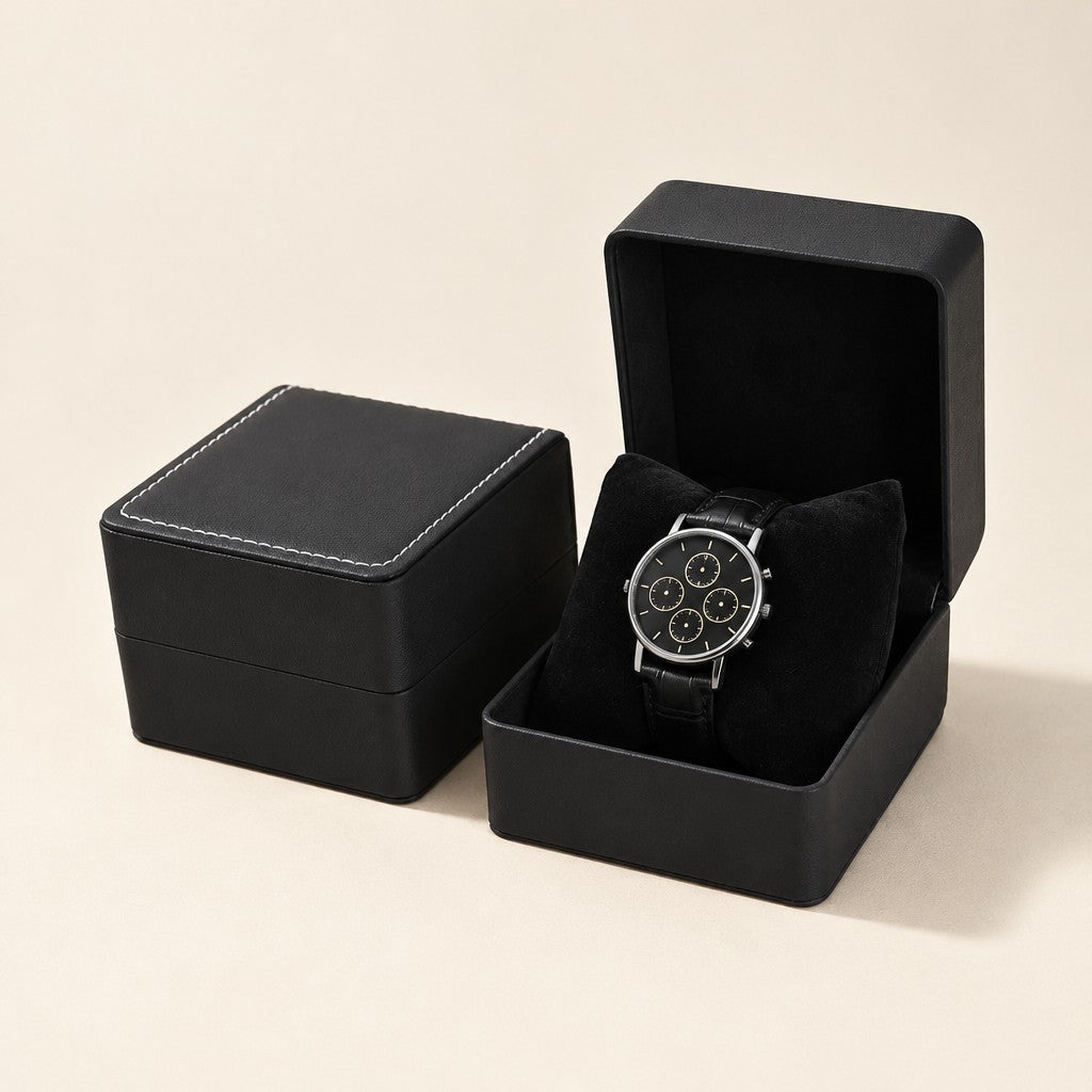 Two black single-watch gift boxes, one open with a watch