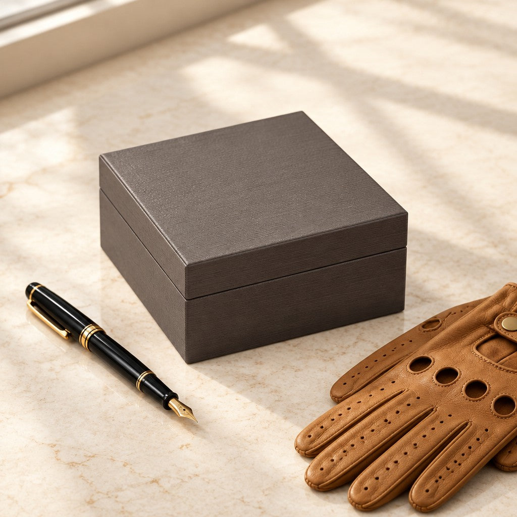 Single watch presentation box closed, beside a fountain pen and leather gloves