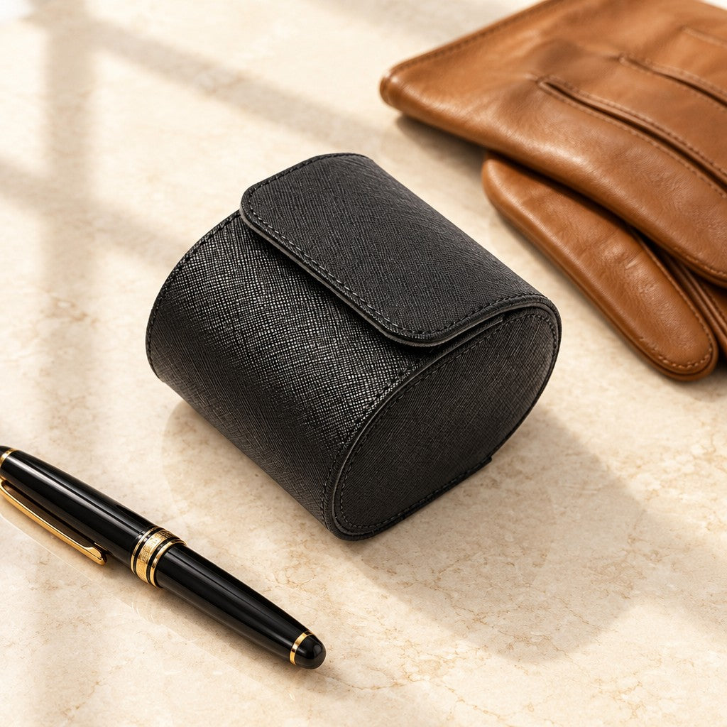 Single watch roll travel case closed, beside a fountain pen and leather gloves