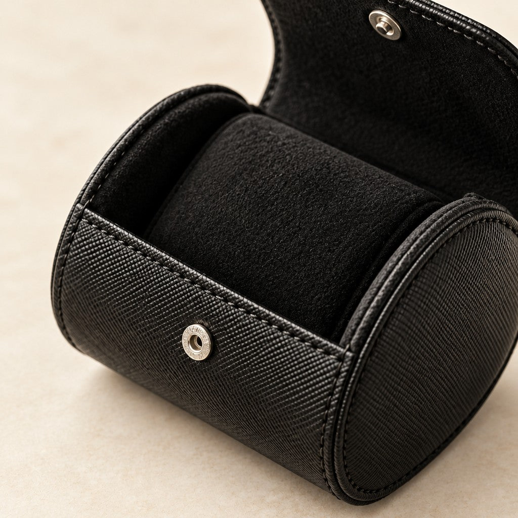 Close-up of the lining and hardware of the single watch roll travel case