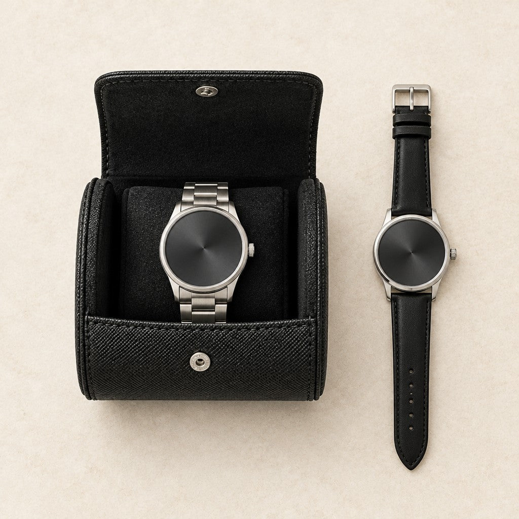 Top view of the single watch roll travel case with watches of different sizes