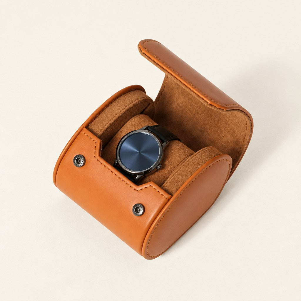 Single watch travel roll in tan, open with one watch