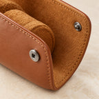 Close-up of the stitched flap and metal snap of the single watch roll