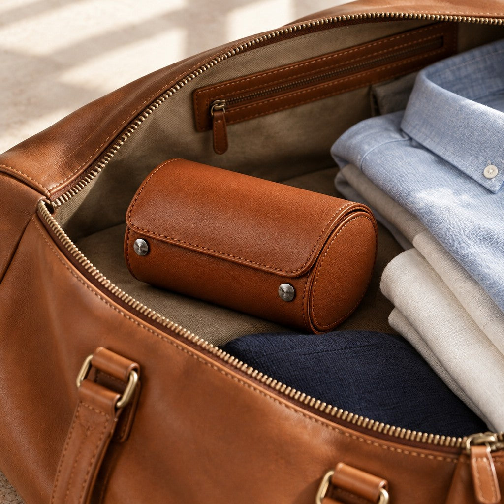 Single Watch Travel Roll with Removable Pillow packed in a leather weekender bag, beside folded shirts