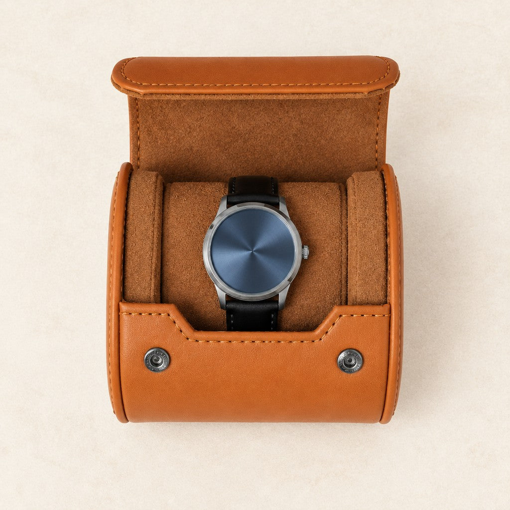 Top view of the open single watch roll with a watch on its pillow