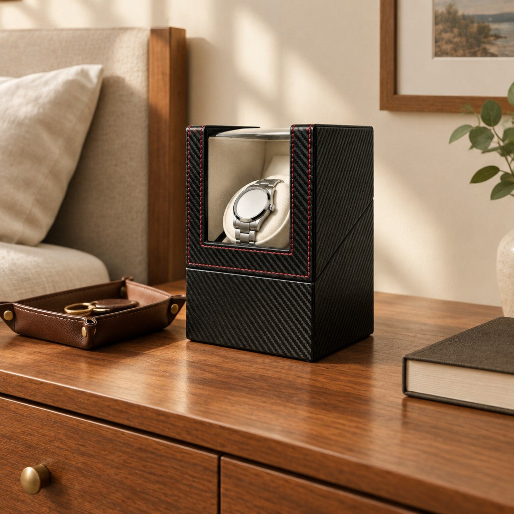Single watch winder on a wooden chest of drawers