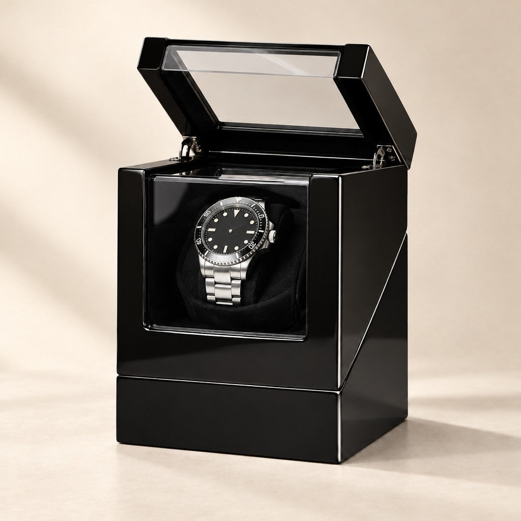 Black gloss single watch winder with the lid open and an automatic watch on the pillow