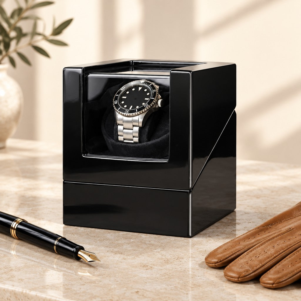 Black single watch winder closed, beside a fountain pen and leather gloves