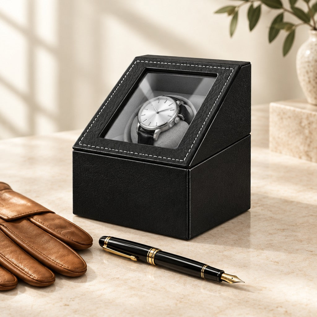 Black single watch winder closed, beside a fountain pen and leather gloves