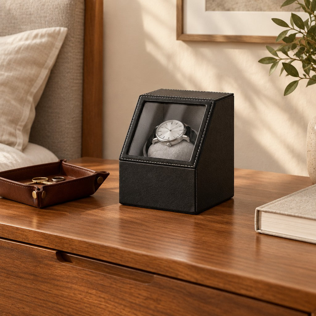 Single watch winder on a wooden dresser beside a valet tray and a book