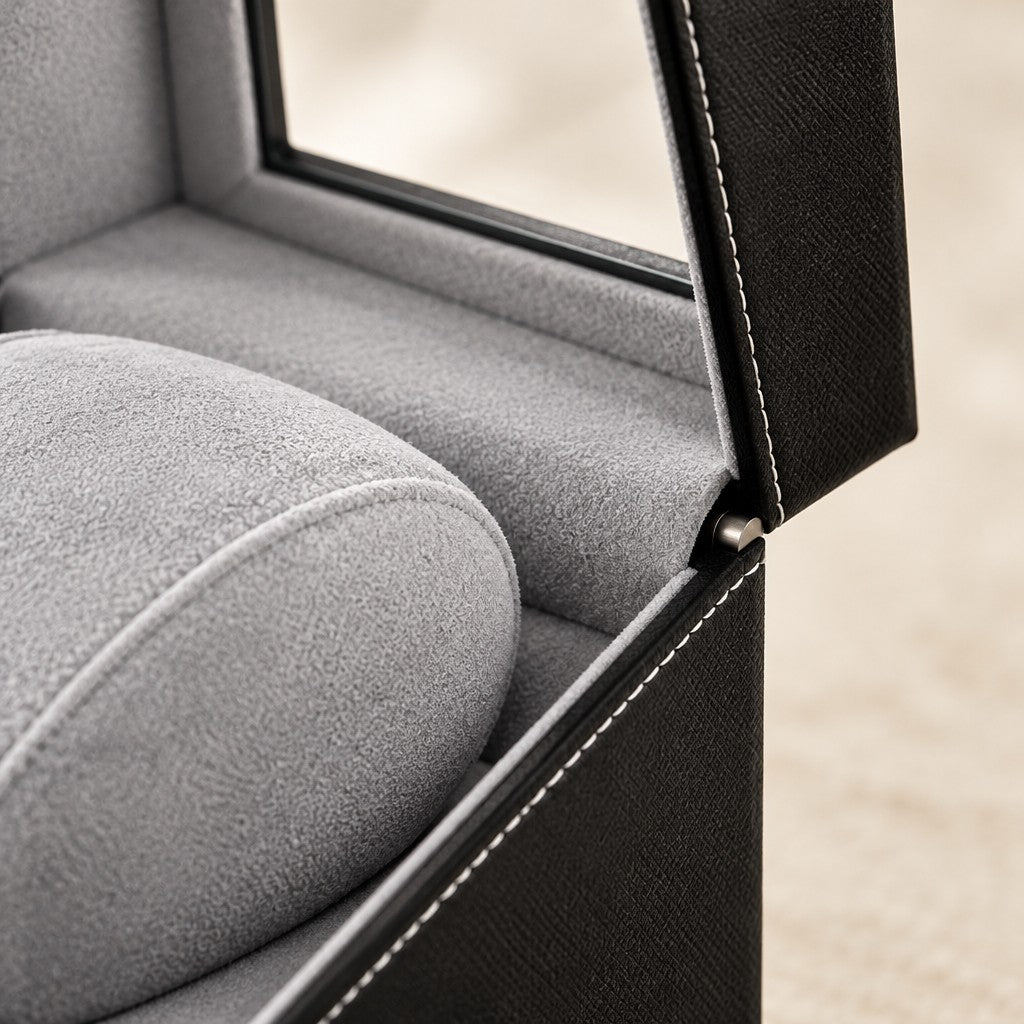Close-up of the grey velvet-touch pillow, the stitching and the lid hinge