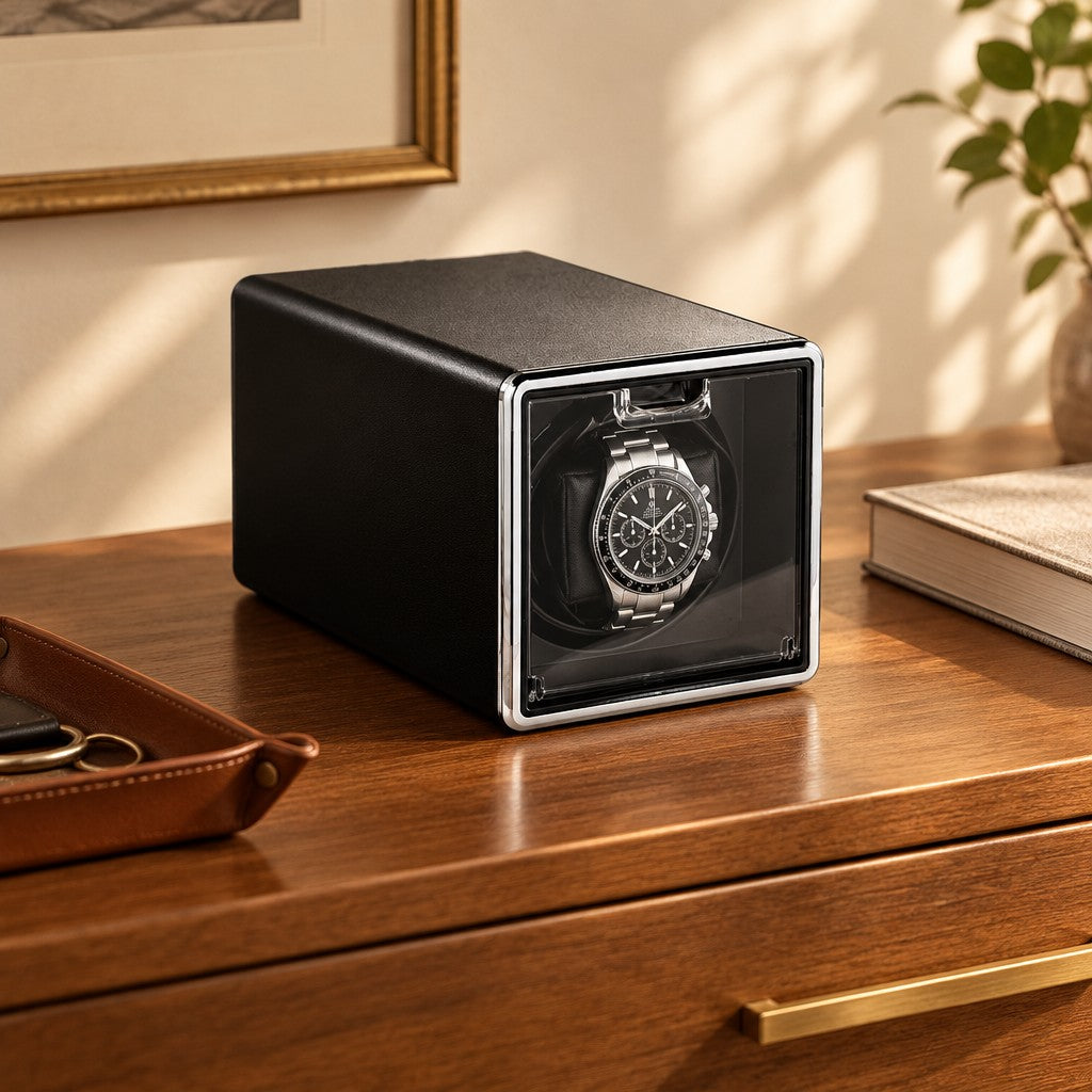 Single watch winder on a wooden chest of drawers