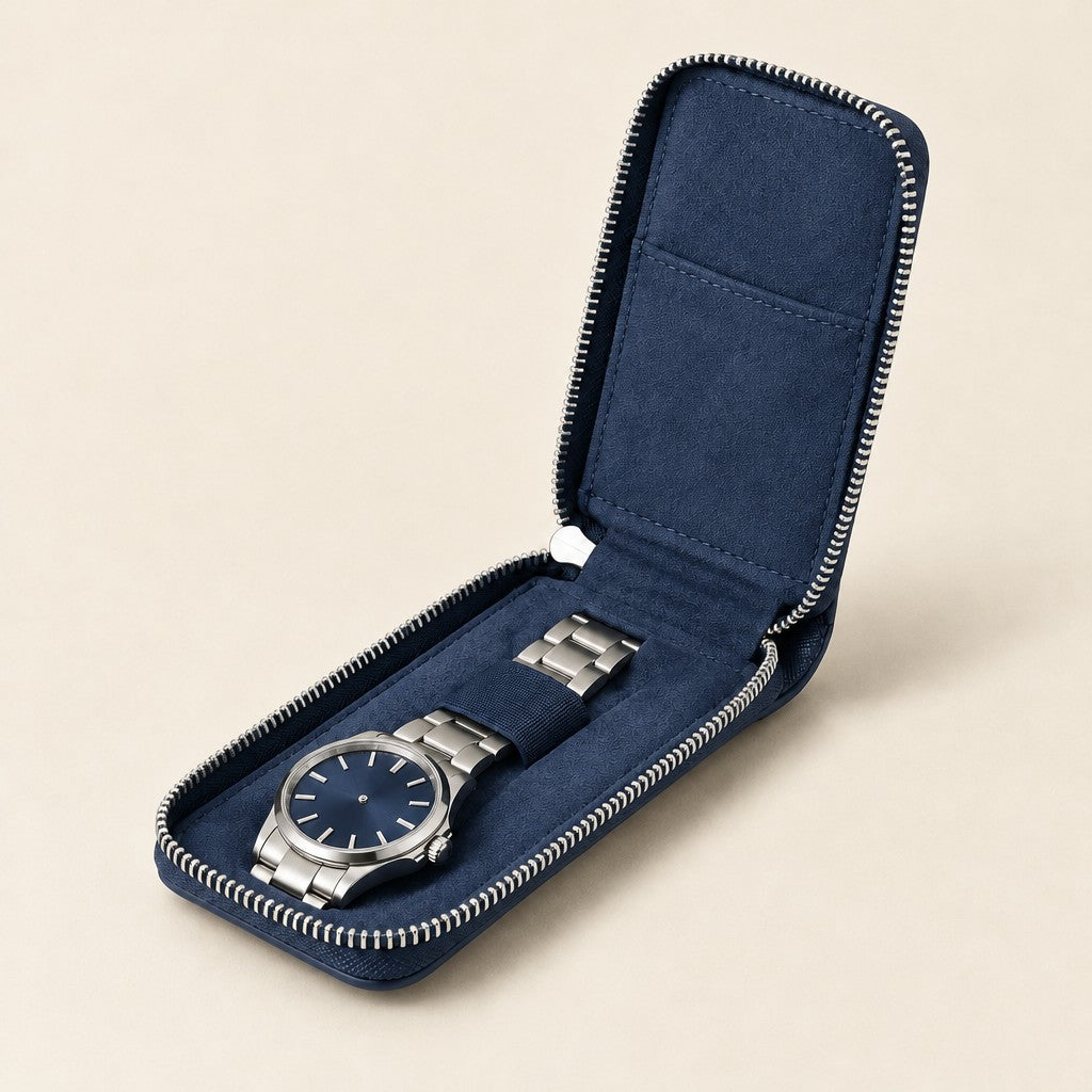 Single watch zip case in navy blue saffiano leather, open with one watch