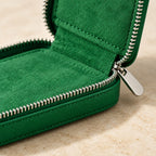 Close-up of the saffiano grain, zipper and suede lining of the single watch case