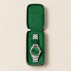 Top view of the Saffiano Leather Single Watch Zip Case open, with a 38 mm watch held by the elastic band