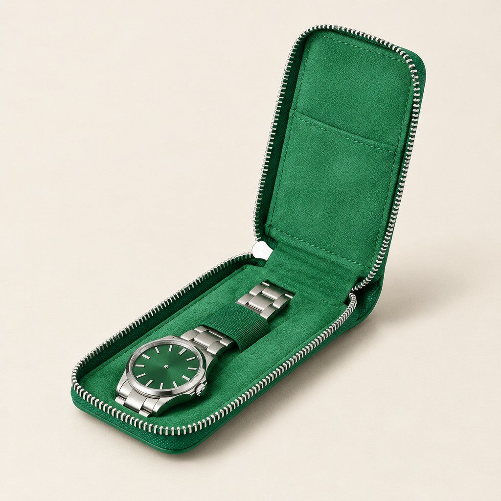Single watch zip case in forest green saffiano leather, open with one watch