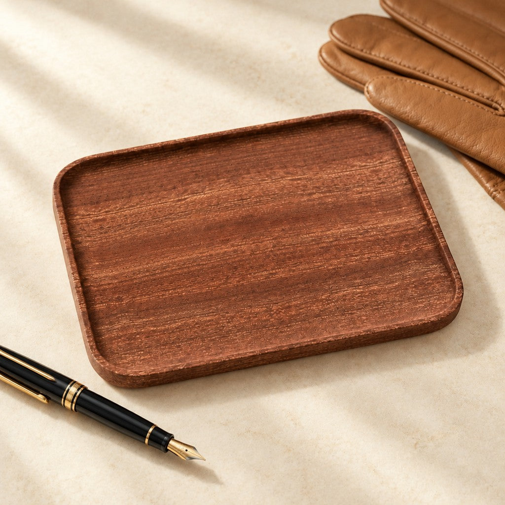 Empty solid walnut catchall tray beside a fountain pen and leather gloves
