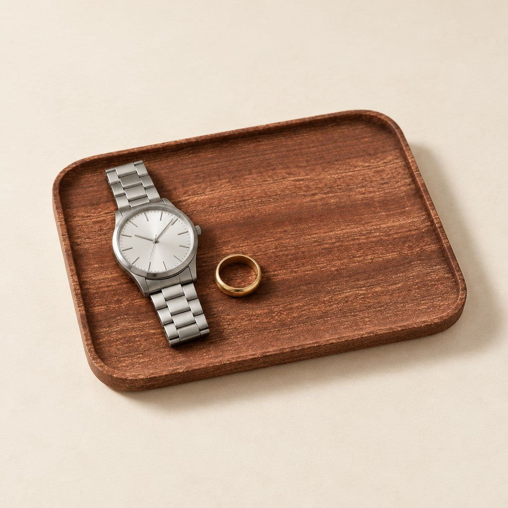 Rectangular solid walnut catchall tray holding a watch and a ring