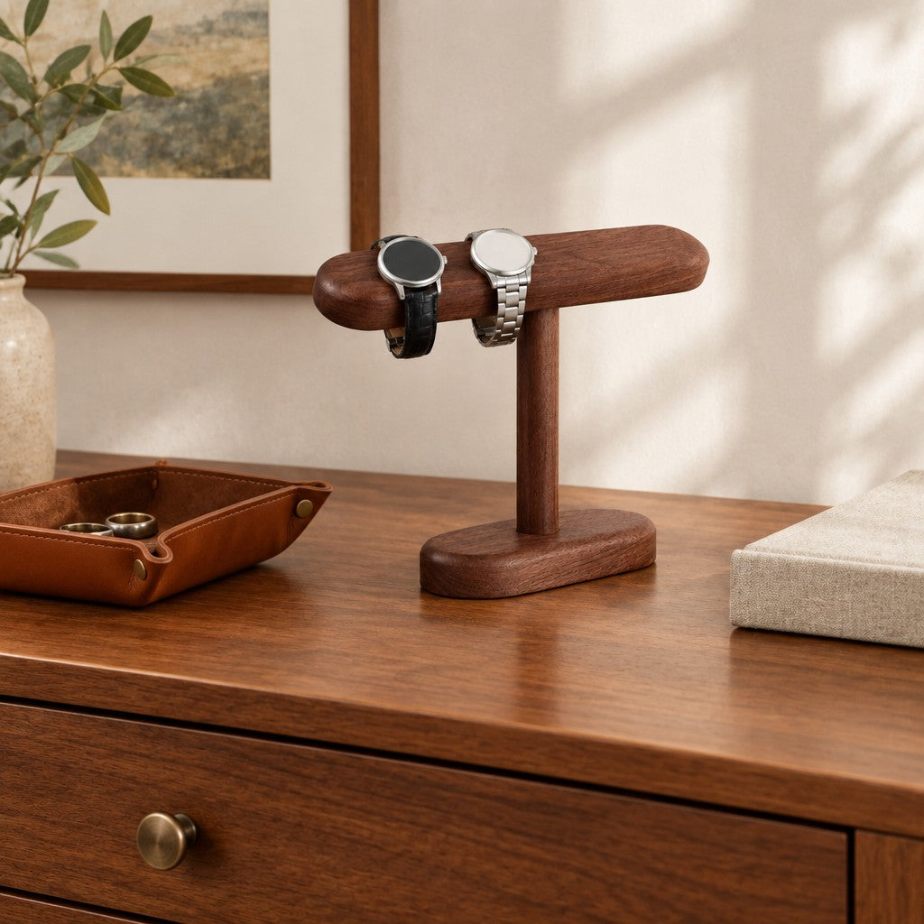 Walnut T-bar stand on a chest of drawers, for scale