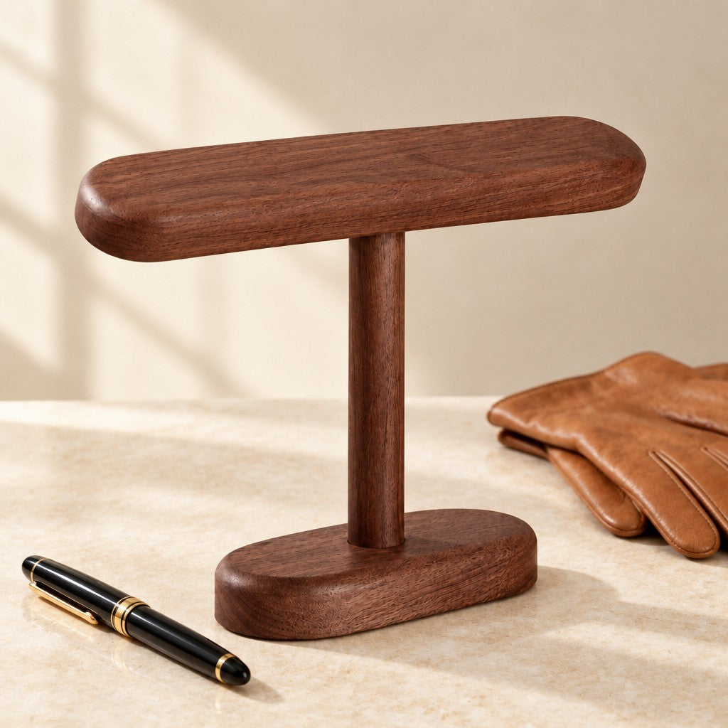Solid walnut T-bar stand beside a fountain pen and leather gloves