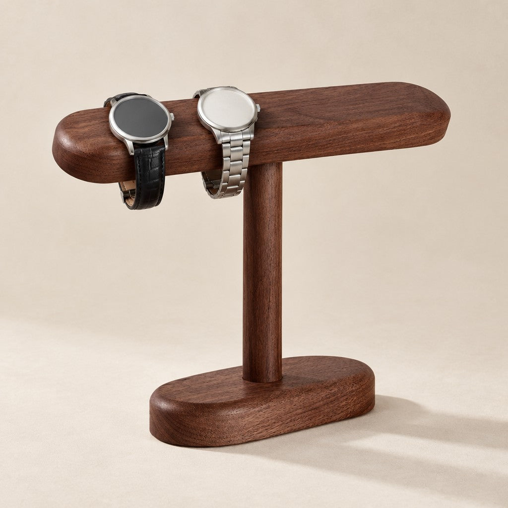 Tall solid walnut T-bar watch stand with two watches
