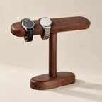 Tall solid walnut T-bar watch stand with two watches