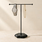 T-bar jewelry and watch stand in all black, three-quarter view