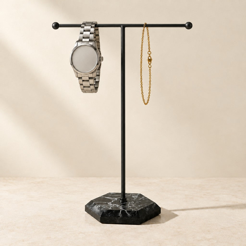T-bar jewelry and watch stand in all black, three-quarter view