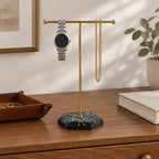 T-bar jewelry and watch stand on a chest of drawers, for scale