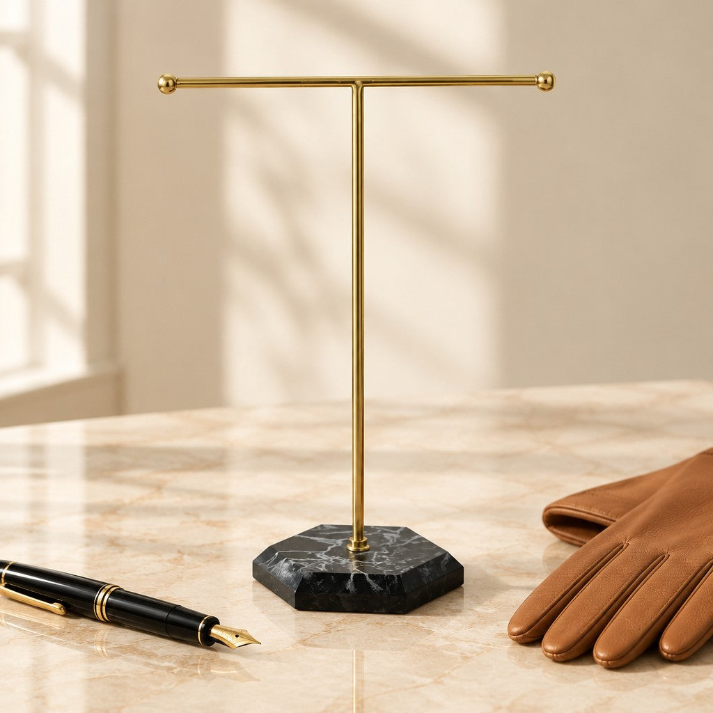 T-bar jewelry and watch stand beside a fountain pen and leather gloves