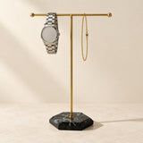 T-bar jewelry and watch stand with a watch, three-quarter view