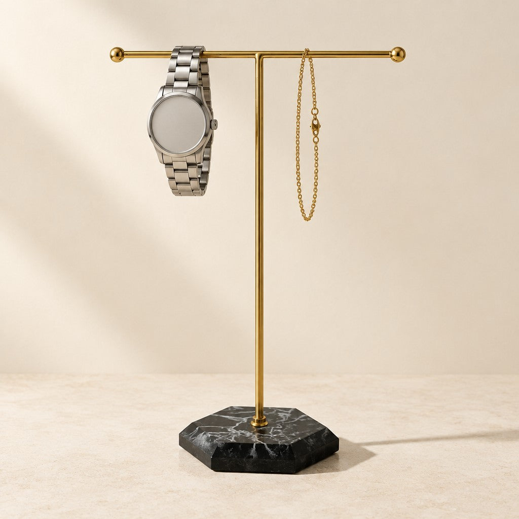 T-bar jewelry and watch stand with a watch, three-quarter view