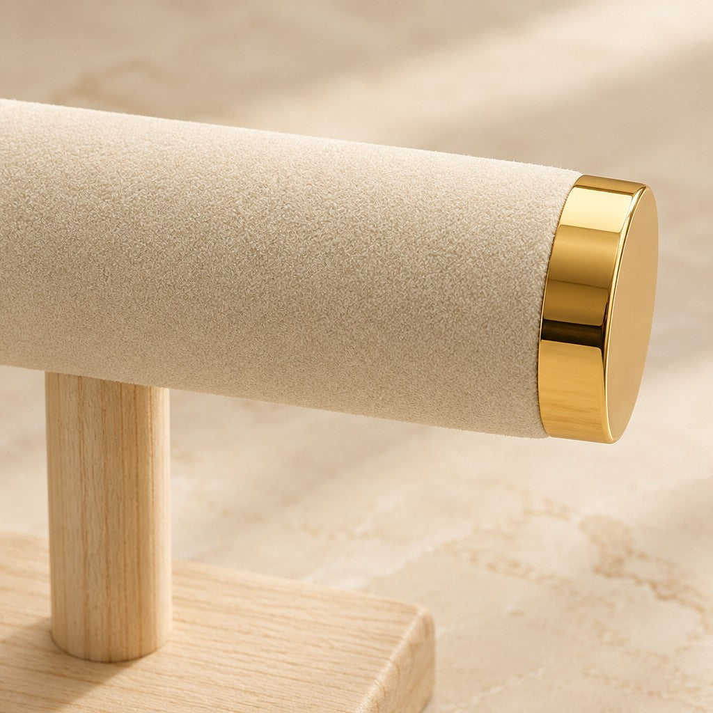 Close-up of the T-bar watch and bracelet stand materials and finish